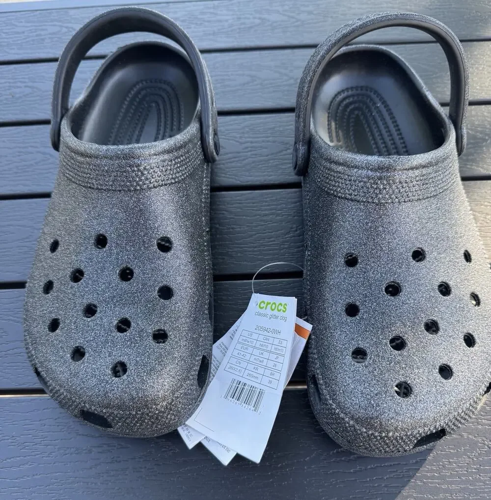 Crocs Classic Glitter Clog Black Slip On Sandal Women 10/ Men 8